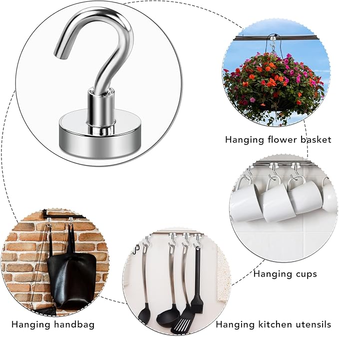 E BAVITE Magnetic Hooks 30LB for Cruise, Grill, Towel, Indoor Hanging, Kitchen, Workplace, Office and Garage - 6 Pack