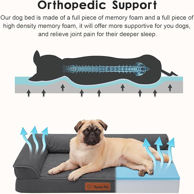 Orthopedic Memory Foam Dog Bed, Removable Washable Microsuede Cover, TPU Waterproof Liner, Nonskid Bottom, for Indoor, Outdoor, Crate ＆ Car Use, 35x23x6 Inches, Dark Grey
