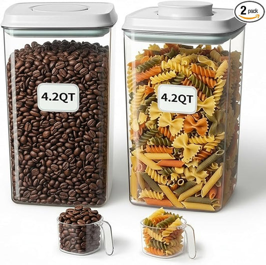 Pop Airtight Food Storage Containers Set with Lids, Large 4.2Qt/4L Food Containers with Scoop, Kitchen Pantry Organization and Storage, BPA Free Stackable Cereal Container (2 * 4.2Qt)