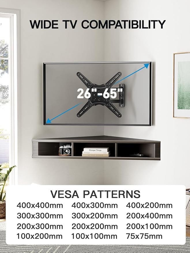 Pipishell Full Motion TV Wall Mount for 26-65 inch Flat or Curved TVs up to 77 lbs, TV Bracket Wall Mount with Articulating Arms, Extension, Tilt, Swivel, Leveling, Max VESA 400x400mm, PIMF7