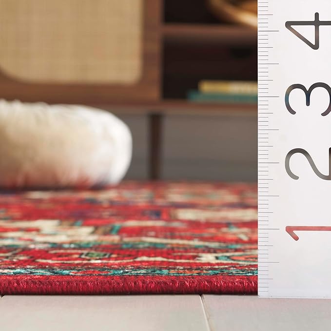 SAFAVIEH Washable Rug Orlando Collection - 6'7" Round, Red & Beige, Non-Shedding & Easy to Clean, Ideal for Living Room, Bedroom, Dining Space (ORL758Q)
