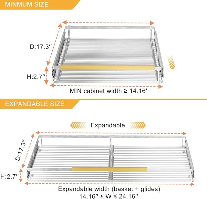 SANNO Slide Out Cabinet Drawer, Expandable Pull Out Cabinet Organizer,Bottom-Mounted Shelf for Kitchen Cabinet or Under Sink,Stainless Steel,Expandable Width 14.16" to 24.16"