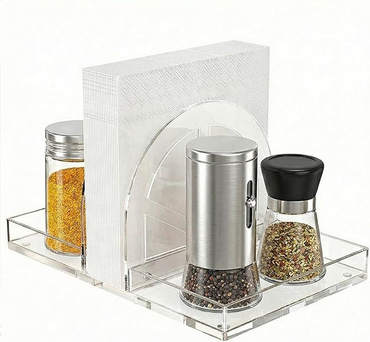 Acrylic Napkin Holder with Magnetic Assembly, Clear Space-Saving Napkin Dispenser & Salt Pepper Shakers Caddy, Modern Organizer for Kitchen Counter, Dining Table, Small Spaces, Office or Party（Large）