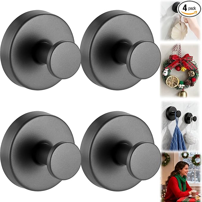 Suction Cup Hooks Removable Shower Hooks, 4Pcs Metal Towel Hooks for Bathroom Window Glass Wall Door Can Hang Various Towels Bath Towels Keychains, Black Front Door Wreath Hangers, No-Drill Waterproof