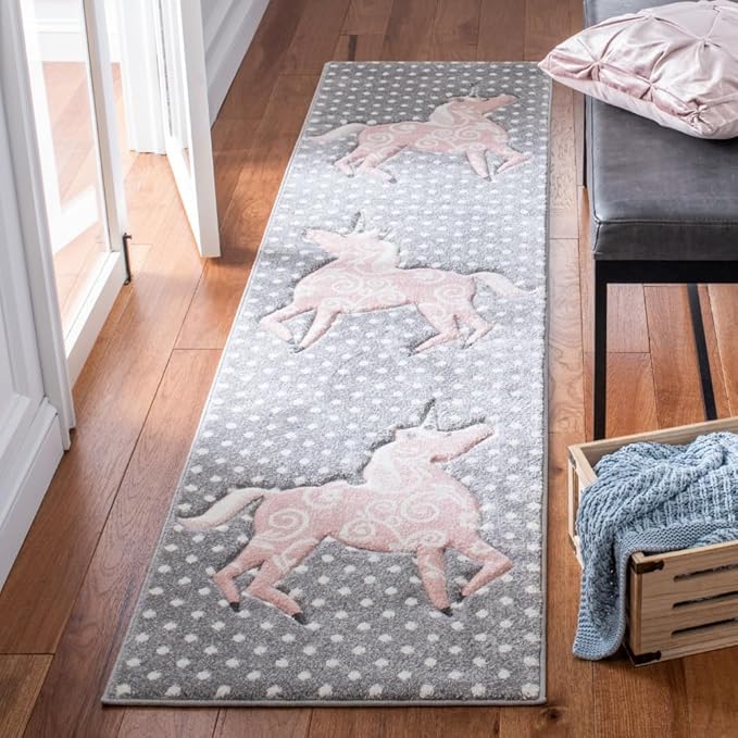 SAFAVIEH Carousel Kids Collection Runner Rug - 2' x 8', Grey & Ivory & Pink, Non-Shedding & Easy Care, Ideal for High Traffic Areas for Boys & Girls in Playroom, Nursery, Bedroom (CRK163G)