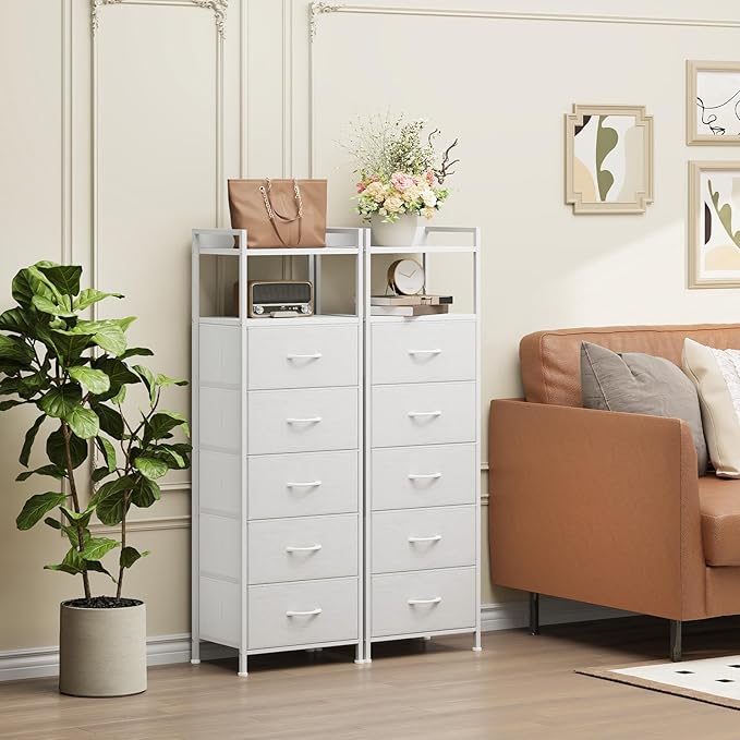 Somdot White Tall Night Stand for Bedroom,Tall 5 Drawers Dresser, Vertical Storage Tower Unit, Nightstand Furniture with Fabric Drawer Organizer in Bedside Kids Dorm Room Closet Laundry Entryway