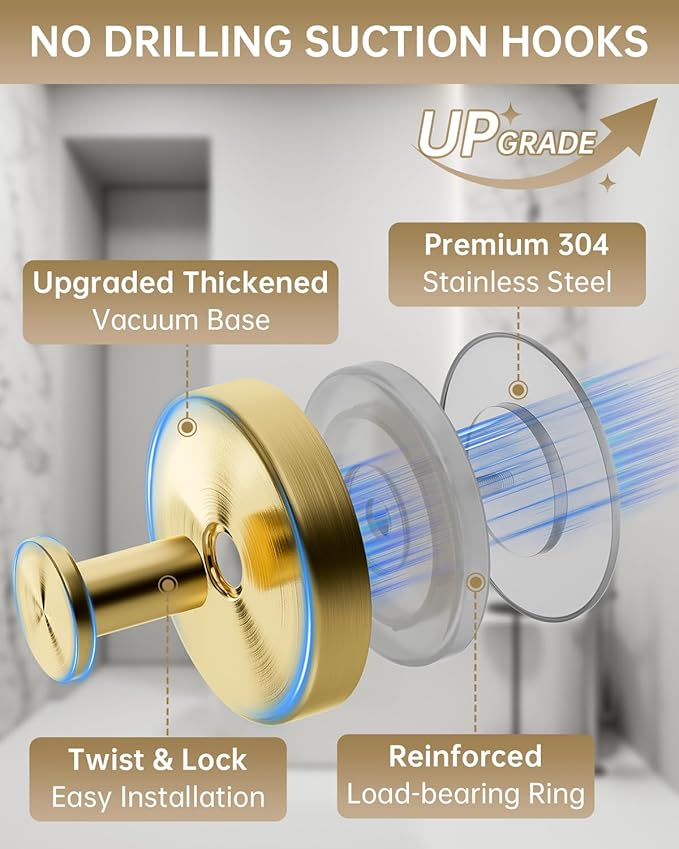 Suction Cup Hooks for Shower, Suction Cup Hooks for Door Wreaths, Robe Towel Hooks Heavy Duty for Bathroom Hanging, Windows, Kitchen, Glass, Mirror, No Drilling, 6 Pack (Gold)
