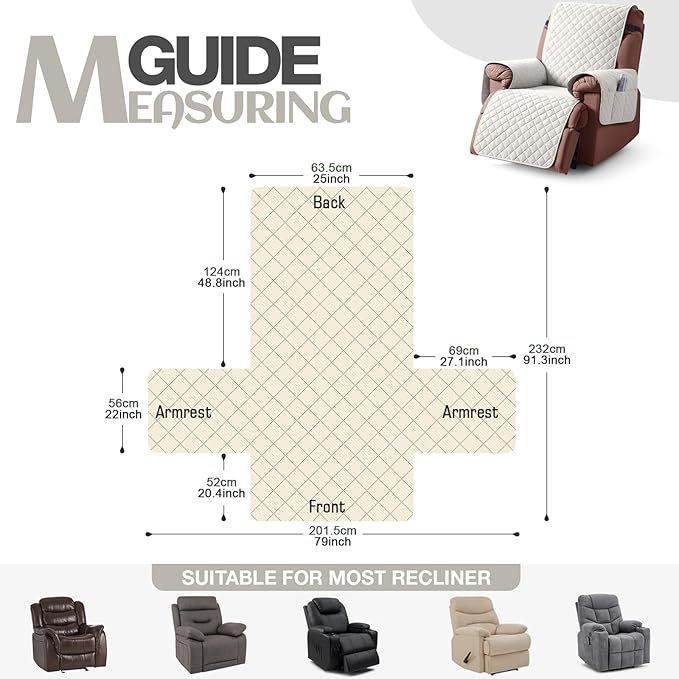 KinCam 100% Waterproof Recliner Chair Cover, Reclining Couch Covers for Pets, Dogs, Recliner Couch Slipcover Furniture Protector with Elastic Straps for Kids(25", Beige White)