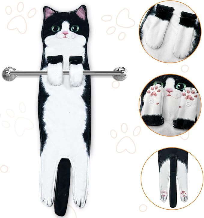 PAT JUUMG Funny Cat Hand Towels for Bathroom Kitchen Decor, Cute Decorative Hanging Face Towels, Super Absorbent Soft, Housewarming Gift, Cat Lovers Gifts for Women (2 Pcs-Towel-JT-01)