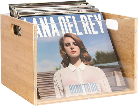Record Album Storage Crate, Bamboo & Acrylic Vinyl Record Crate, Multifunctional Visible Record Holder Crate with Handle, Great for Storing Vinyl Record LP's/Albums Hanging Letter Size Folders Toy
