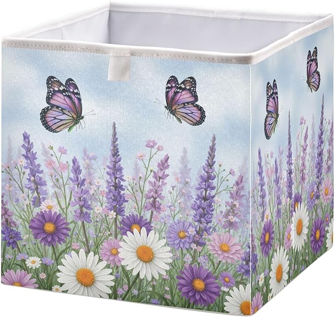 Bolaz Spring Wild Flowers Purple Butterfly Closet Organizers Storage Cubes Storage Bins Shelf Baskets Containers for Home Room Office,Square