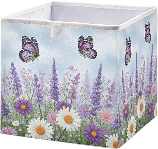 Bolaz Spring Wild Flowers Purple Butterfly Closet Organizers Storage Cubes Storage Bins Shelf Baskets Containers for Home Room Office,Square