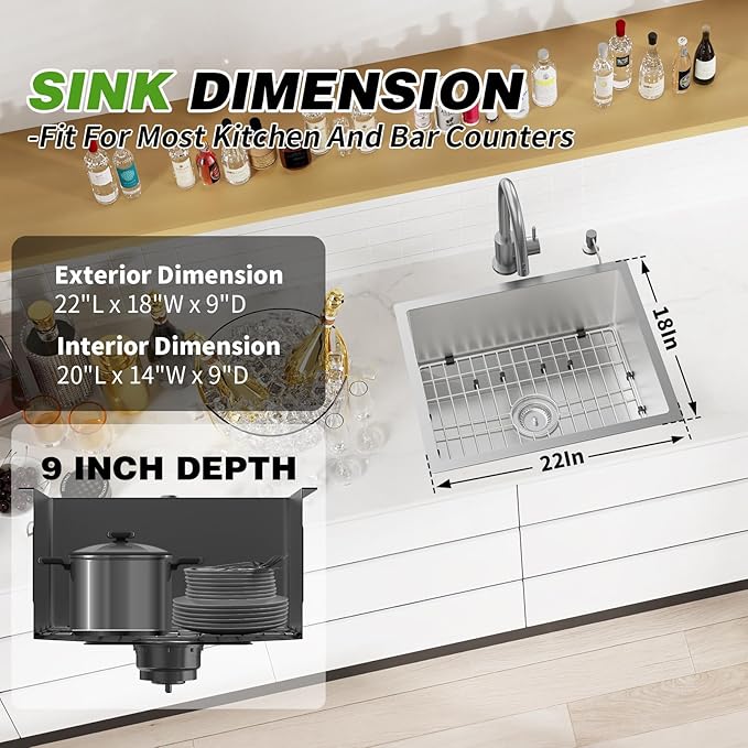 Stainless Steel Undermount Single Bowl Sink - 22x18 Inch Modern Bar & Kitchen Combo - SS Grid, Silicon Mat, Drain Strainer Set