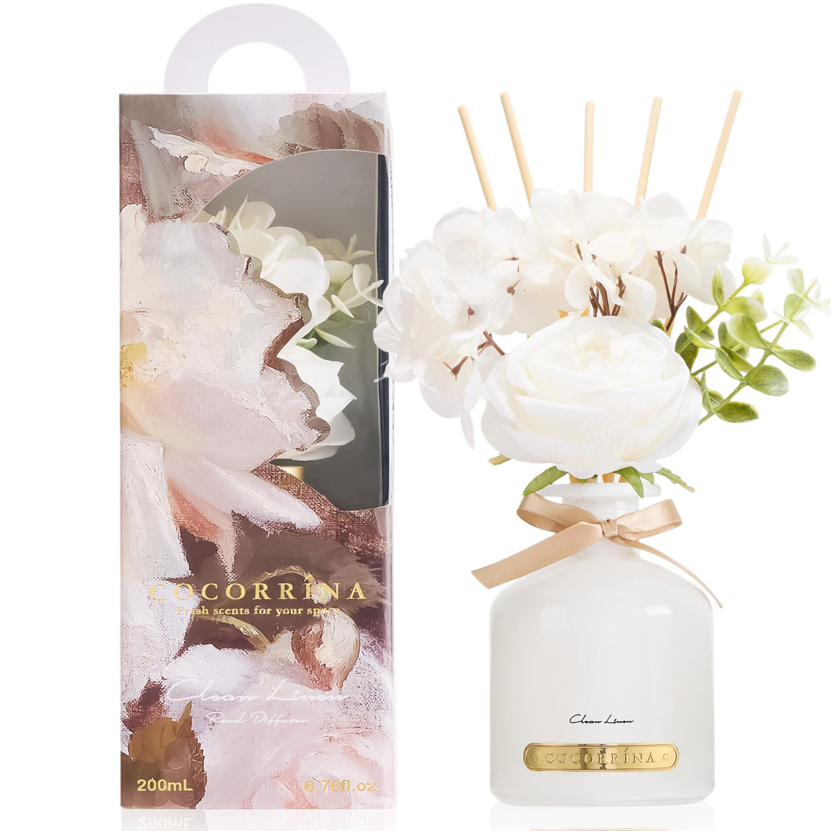 Cocorrína Clean Linen Flower Reed Diffuser Set, 6.7oz Home Fragrance with Sticks, Long Lasting Scented Diffuser for Bathroom, Bedroom, Living Room & Shelf Decor