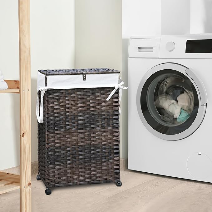 70L Slim Laundry Hamper with Lid & Wheels, Rolling Laundry Basket with 2 Removable Liner Bags & 3 Mesh Bags, Narrow Dirty Clothes Basket, Foldable Handwoven Rattan Laundry Sorter, Brown