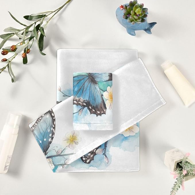 Blue Butterfly Bath Towels Set,Ultra Soft 3 Piece Watercolor Blossom Plum Branch Chic Floral Towels for Bathroom,1 Bath Towel 1 Hand Towel 1 Washcloth,Absorbent Decoractive Bathroom Towels