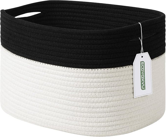 Cotton Rope Storage Basket, 15x10x9 Inches, Woven Basket for Shelves, Clothes, Towels, Books, and Laundry, Black/White (1 Pack)