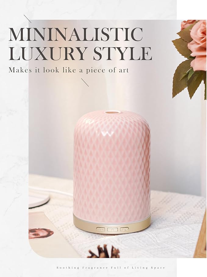 Essential Oil Diffuser -2.4MHz Ultrasonic Pink Ceramic Diffuser for Home,120ml, Pulse&Continuous Mist, Bright/Dim/Breathing Lighting, Waterless Auto-Off, Aromatherapy Diffuser with USB Cable