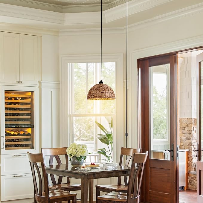 HuisMier Rattan Plug in Pendant Light with 15 Ft Plug in Cord, Hand Woven Lampshade Boho Hanging Lamp with Dimmable Switch, Farmhouse Rattan Pendant Light for Dining Room Bedroom Kitchen