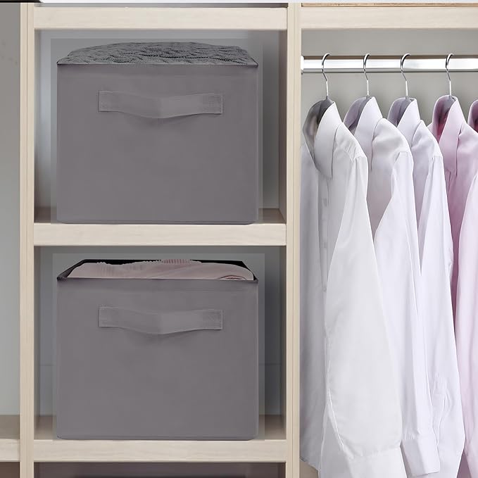 Storage Basket Bins with Metal Frame, Large Collapsible Fabric Storage Baskets for Organizing Shelf, Basket Organizer W/Handles for Towels, Laundry, Office, Home, 4-Pack, Grey