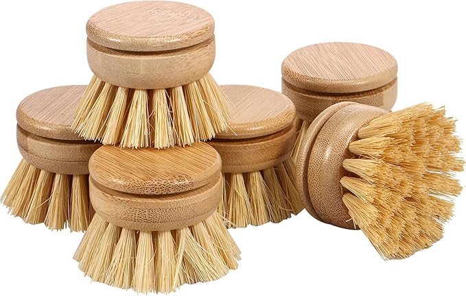 6pcs Bamboo Dish Brush Replacement Heads, Wooden Dish Brushes for Cleaning – Kitchen Wood Dish Scrubbers Washing Up Brush Heads – Natural Bristle Brush Refills for Dishes, Pots – Eco Friendly