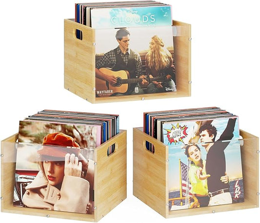 X-cosrack 3-Pack Vinyl Record Storage Box Crate, Visualize Acrylic & Bamboo Cube LP/Album Organizer Shelf Holder with Handle, Easy to Assemble