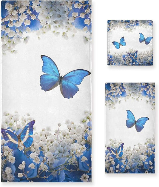 Spring Floral Bath Towels Set,Absorbent Soft 3 Piece Blue White Butterfly Elegant Flower Towel Set for Bathroom,1 Bath Towel 1 Hand Towel 1 Washcloth,Quick Dry Decoractive Bathroom Towels
