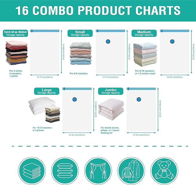 Cozy Essential Vacuum Storage Bags, Compression Space Saver Bags for Clothes, Comforters, Blankets, Pillow, Bedding, Sealer Clothing Storage,16 Combo