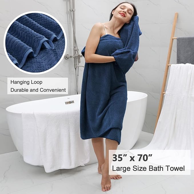 Oliven 4 Pcs Navy Large Bath Towel Set 35"x70" Extra Large Bath Sheets Oversized Jumbo Towels for Bathroom 600GSM Soft Highly Absorbent Quick Dry Beach Chair Towel Woven Towels for Hotel and Spa
