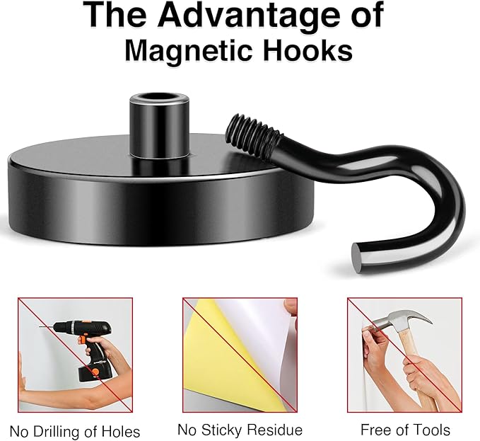 MIKEDE Magnetic Hooks Heavy Duty, 120LB+ Strong Magnet Hooks for Cruise Essentials, Neodymium Earth Magnet Hook for Hanging, Magnetic Metal Hanger for Cruise Cabins, Fridge, Toolbox, Storage - 4 Pack