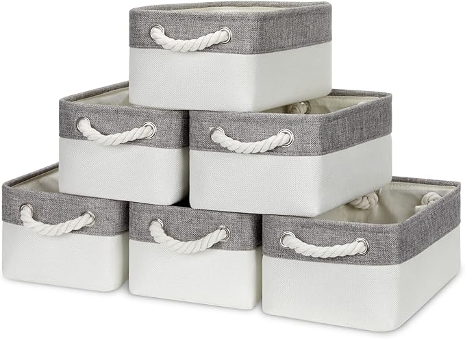 Bidtakay Small Fabric Storage Bins for Closet & Bathroom - Set of 6 Grey & White Baskets - Organizers for Kids' Bedroom