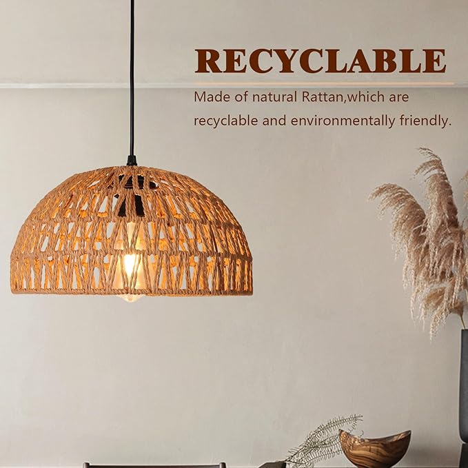HuisMier Rattan Hanging Lamp Plug in Pendant Light with 15 Ft Plug in Cord, Wicker Woven Basket Lampshade Hanging Light with Dimmable Switch, Boho Plug in Pendant Light for Kitchen Farmhouse Bedroom