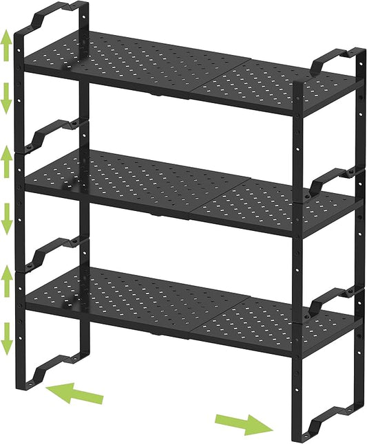 Expandable Shelf for Cabinet Organizer Adjustable Stackable Spice Rack at Kitchen and Bathroom More, Counter Countertop Cupboard Organization Pantry Storage(3 Packs/Black, Medium)