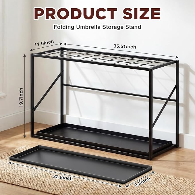 Folding Umbrella Storage Stand Rack Holder Organizer Free Standing Umbrella Rack with Removable Drip Tray for Entryway Home Office Hotel Entry Hallway (L35.51 X W11.89 X H19.69 Inch)