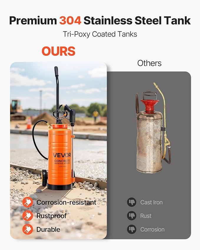 Industrial Concrete Sprayer with Wheeled Cart, 3.5 Gallon Stainless Steel Sprayer, Heavy Duty Tri-Poxy Pump Sprayers, 20.5"Wand, 48" & 120"Hoses, 2 Brass Nozzles for Construction, Lawn & Garden