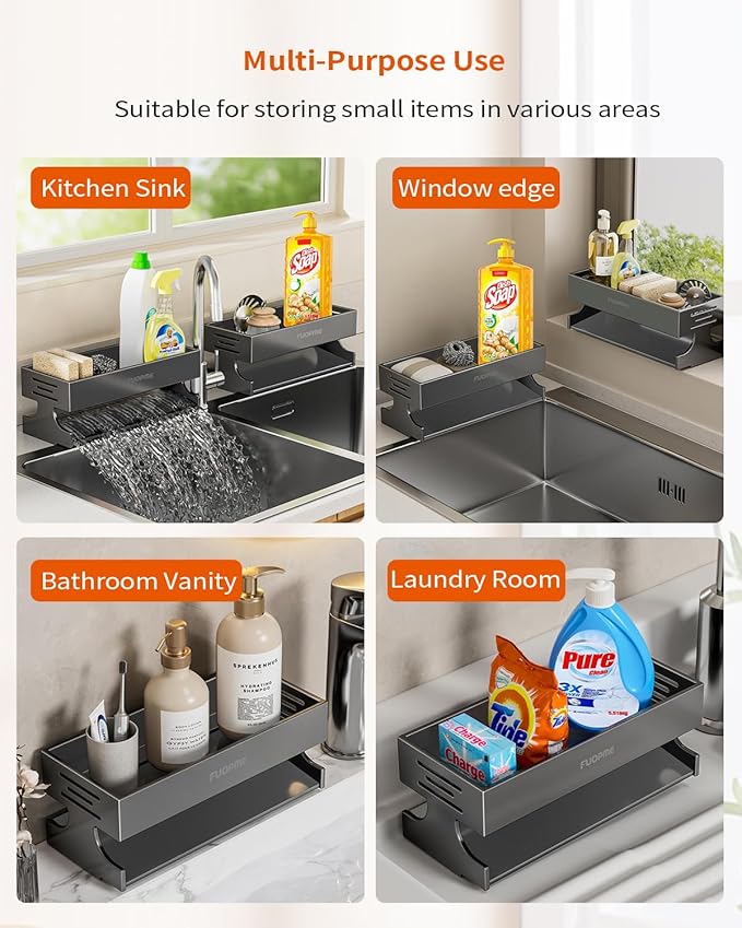 Sponge Holder for Kitchen Sink - Rustproof Carbon Steel Sink Caddy Organizer with Auto-Drain, Dish Sponge & Soap Dispenser Rack for Kitchen Countertop Storage, Grey