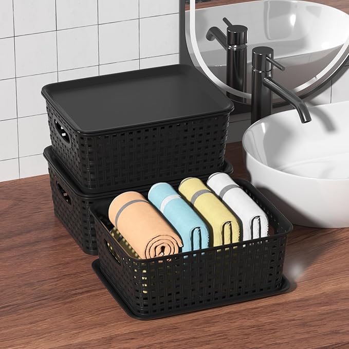 Plastic Weave Storage Bins with Lids, Plastic Organizing Baskets with Lid, Black, 6 Packs