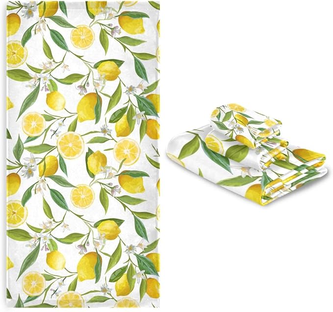 3 Piece Yellow Lemon Bath Towel Set,Microfiber Decorative Tropical Lemon Fruit Floral Green Leaf Farmhouse Bathroom Towels,1 Bath Towel 1 Hand Towel for Bathroom Kitchen,1 Washcloth for Face