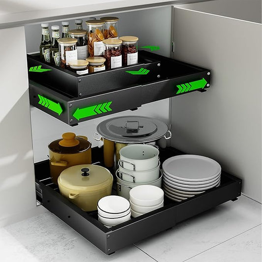 Expandable Pull Out Cabinet Organizer, Adjustable Width 12"-19" & Depth 16.5"-22", 4-Side Extension, 5 Slide Rails for Heavy Duty Use, Adhesive Roll Out Shelves for Kitchen Cabinets, Black 1PCS