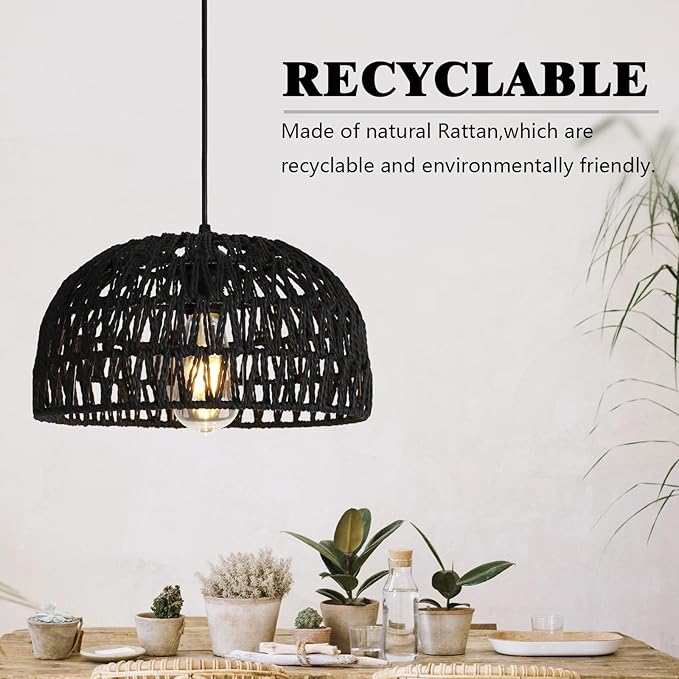 HuisMier Rattan Hanging Lamp Plug in Pendant Light, 15 Ft Hanging lamp with Wicker Woven Basket Lampshade, Dimmable Boho Hanging Lamp for Dining Room Living Room Bedroom, Black