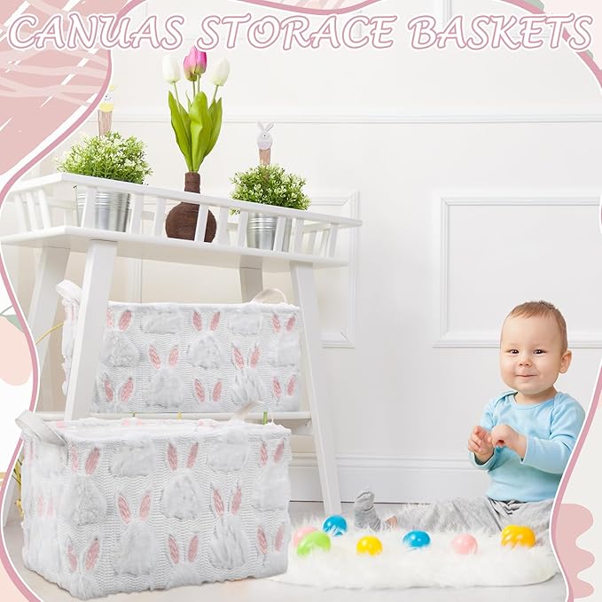 Kathfly 3 Pcs Easter Storage Bin Jacquard Design Bunny Basket Box with Handle Large Storage Baskets Foldable Rabbit Box for Easter Party Decoration