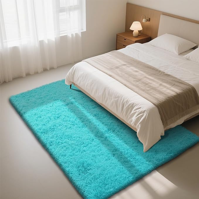 Teal Blue Rug Fluffy Rug, 8x10 Teal Area Rugs for Living Room, Soft Cute Baby Play Mat, Teal Rugs for Bedroom, Nursery, Preppy Dorm, Plush Aesthetic