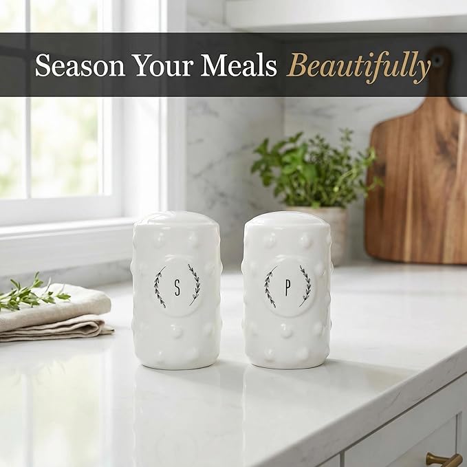 Young's Inc Cottagecore Ceramic Salt and Pepper Shaker Set, Farmhouse White Rustic, Vintage Country Kitchen Table Decor Seasoning Set, Cute Cottage Kitchen Accessories,3.5 Inch