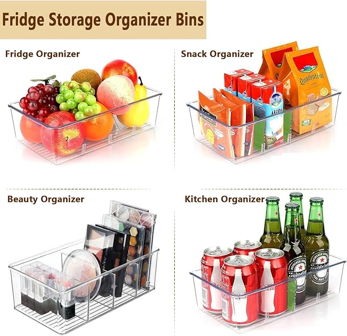 8 Pack Refrigerator Organizers and Storage,Clear Plastic Storage Bins with 3 Dividers for Pantry,Kitchen,Fridge Organization and Storage,Snack Containers for Spice Packets,Tea bag organizer