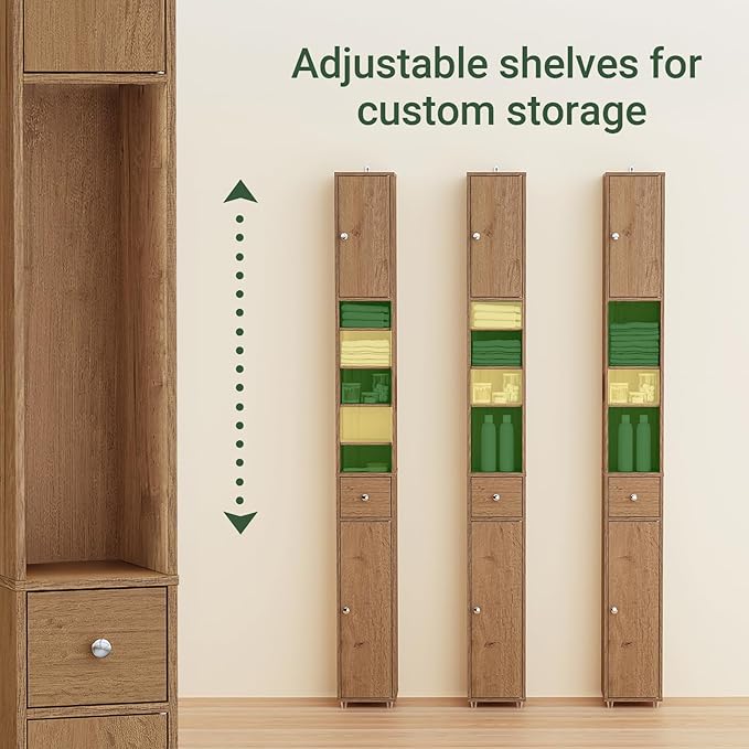 SoBuy Bathroom Narrow Storage Cabinet Skinny Tall Unit with Adjustable Shelves Slender Anti-Tipping Floor Standing Cupboard, Natural BZR34-PF