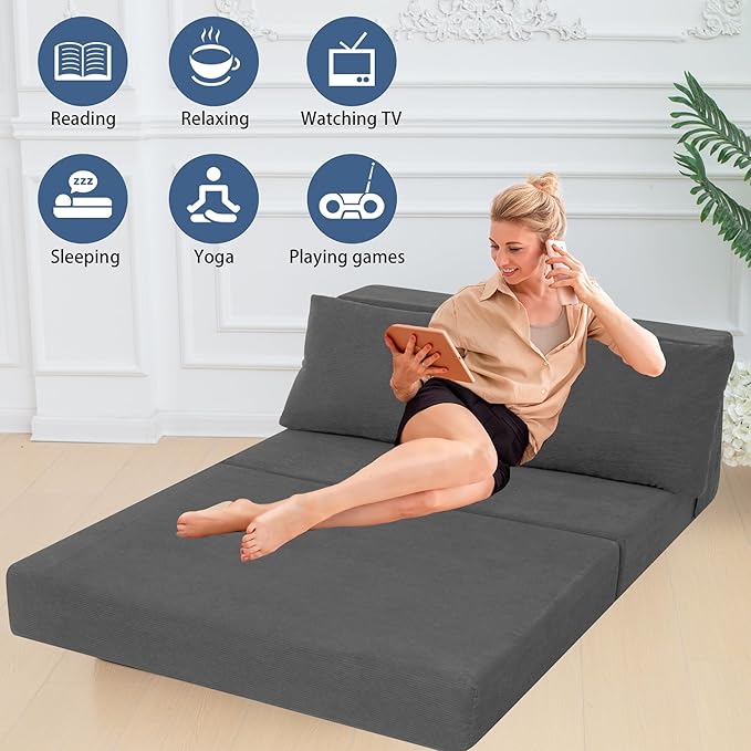 Sofa Bed Foldable Mattress ，Folding Sleeper Sofa Chair Bed Floor Mattress with Pillow for Living Room Home Office (Dark Gray -Corduroy, Twin)