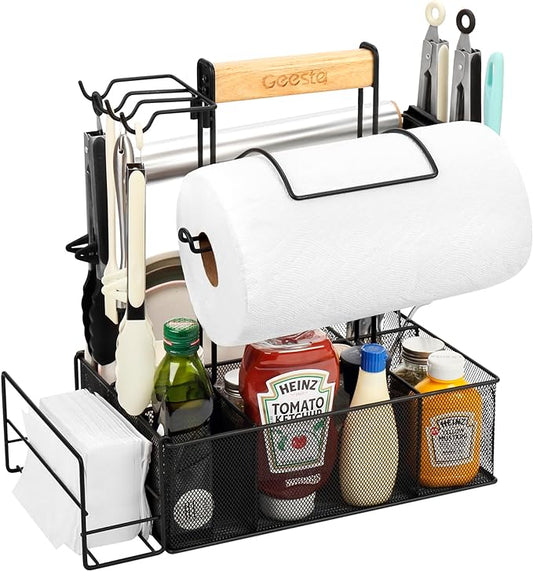 Geesta Grill Caddy for Outdoor Grill, BBQ Picnic Camping Caddy with Paper Towel Holder & Magnetic Tool Holder, Condiment Storage Utensil Kitchen Organizer for RV Camper, Tailgate Accessories