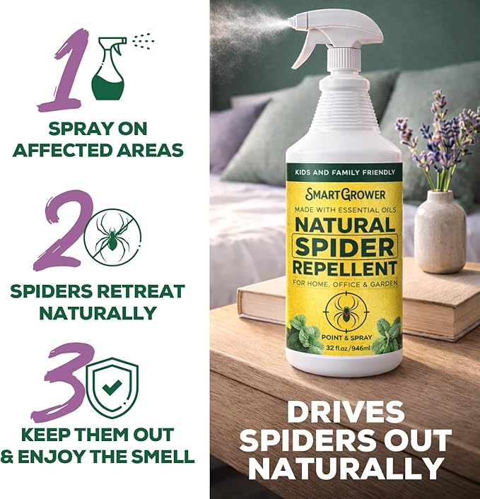 Natural Spider Repellent Spray – Indoor Spider Spray with Peppermint & Lavender, Family & Pet Friendly – Fresh Scent Spider Remover for Bedrooms, Bathrooms, Closets & Corners 32oz Ready to Use