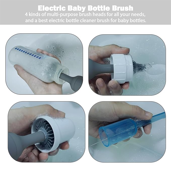 Electric Baby Bottle Brush Set with Rechargeable Electric Bottle Brush Cleaner and Replaceable Silicone Bottle Brushes and Straw Brush Cleaner, Waterproof Multi-Purpose Cleaning Brush（Grey）