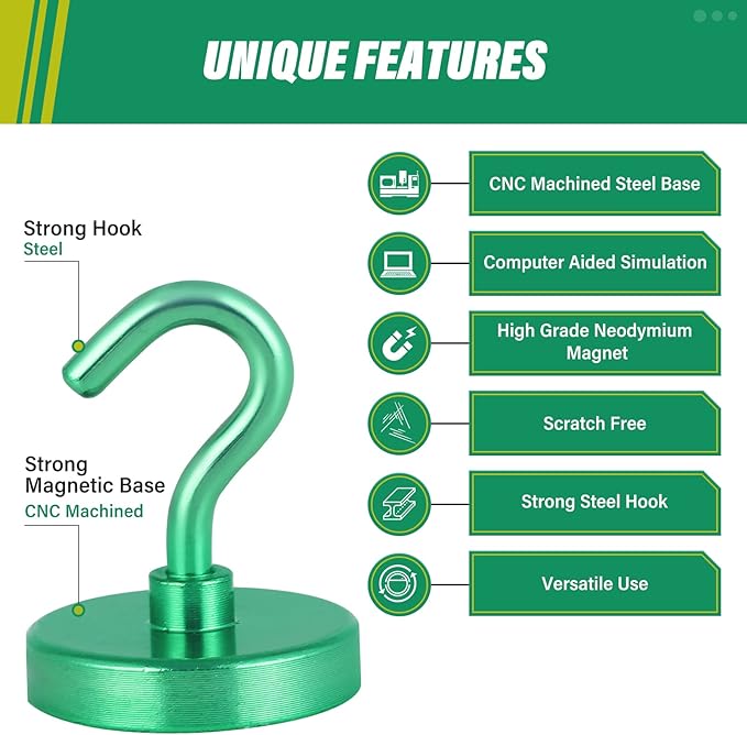 Neosmuk Magnetic Hooks Heavy Duty, Strong Magnet with Hook for Fridge, Super Neodymium Extra Strength Industrial Hooks for Hanging, Magnetic Hanger for Toolbox, Cruise, Grill(Green,4 Pack)